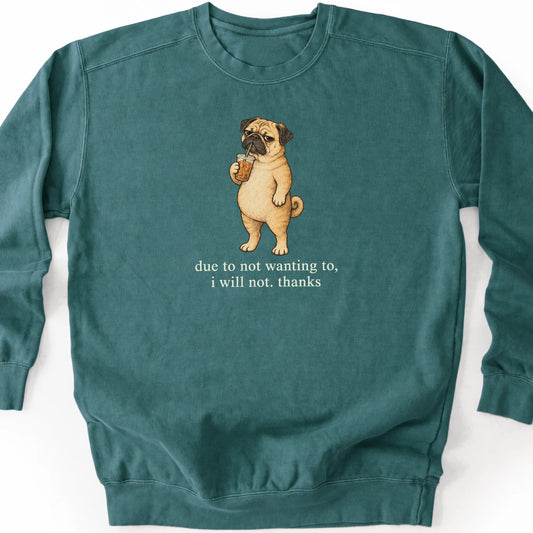 Pug I Will Not design with iced coffee on a blue spruce sweatshirt