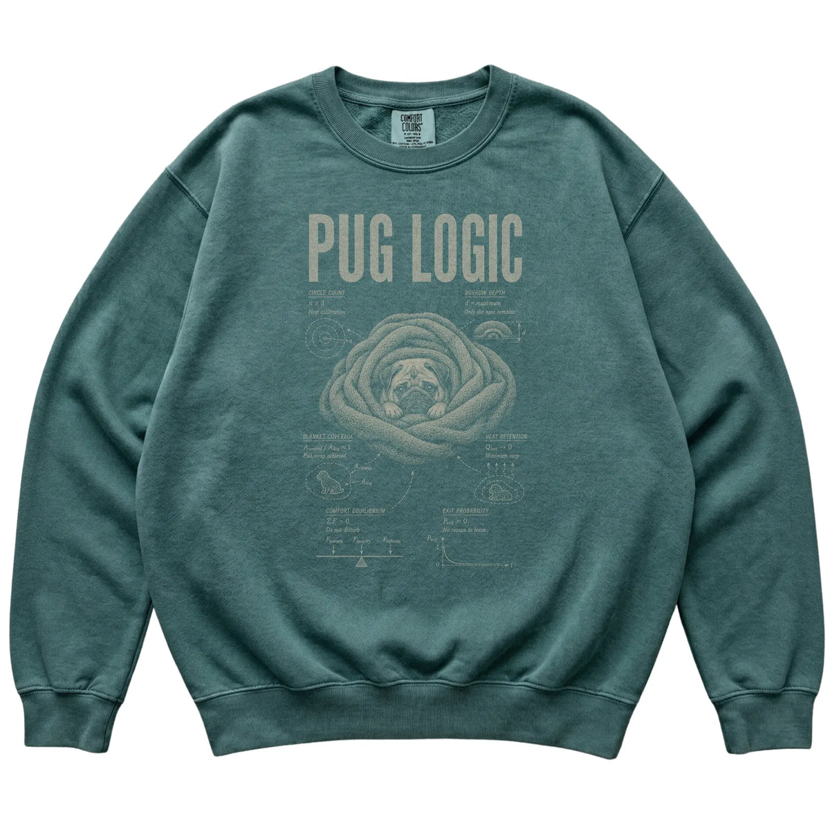 Blue Spruce Pug Logic T-Shirt laid flat