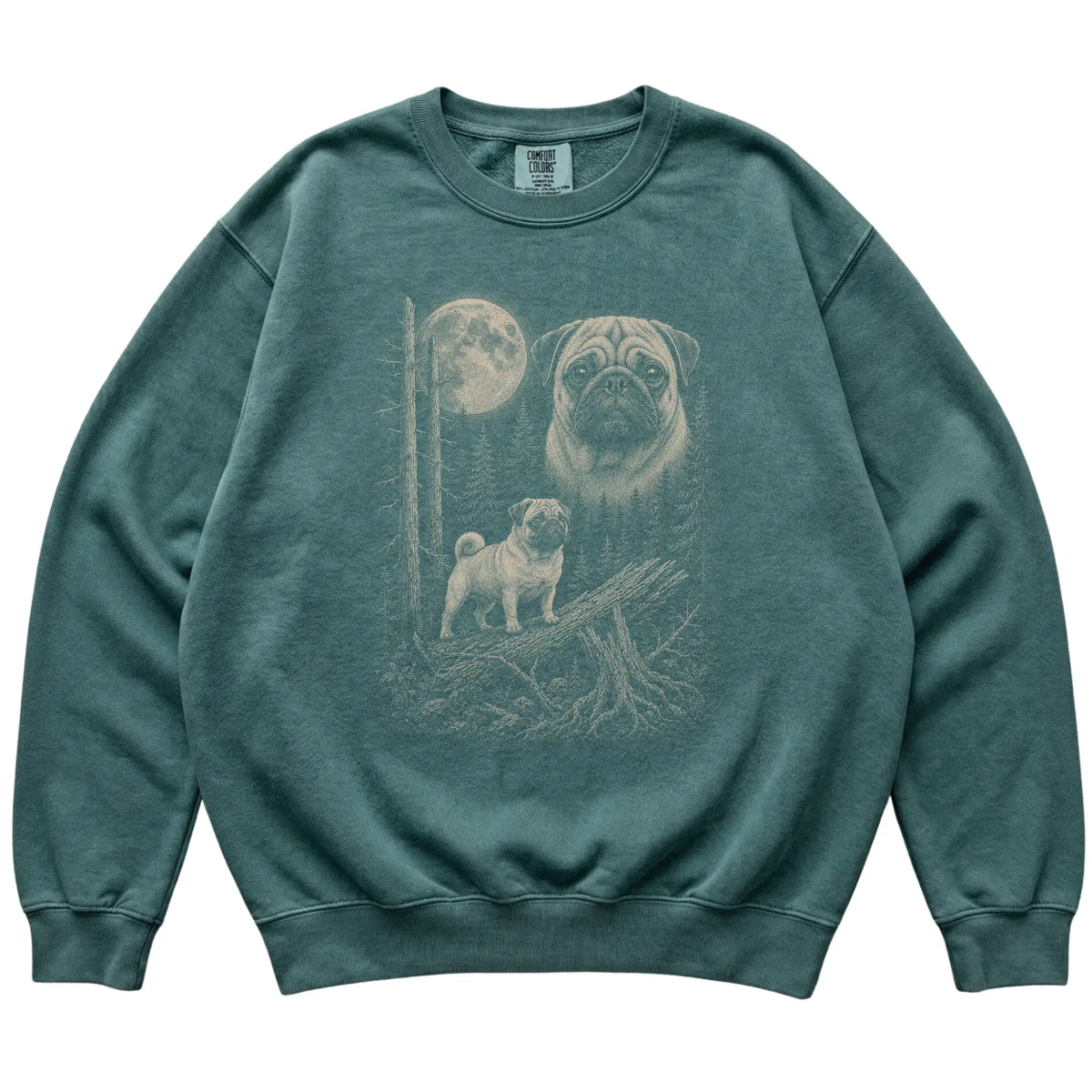Blue Spruce Pug Moonlit Forest Comfort Colors sweatshirt, flat view