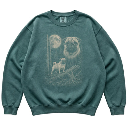 Blue Spruce Pug Moonlit Forest Comfort Colors sweatshirt, flat view