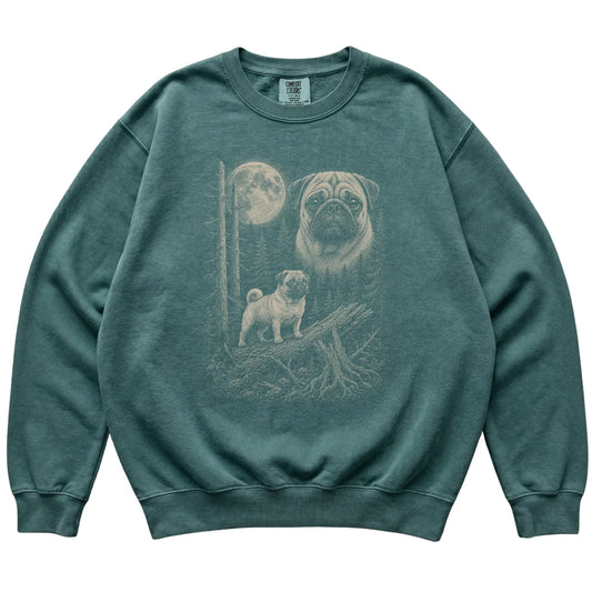 Blue Spruce Pug Moonlit Forest Comfort Colors sweatshirt, flat view