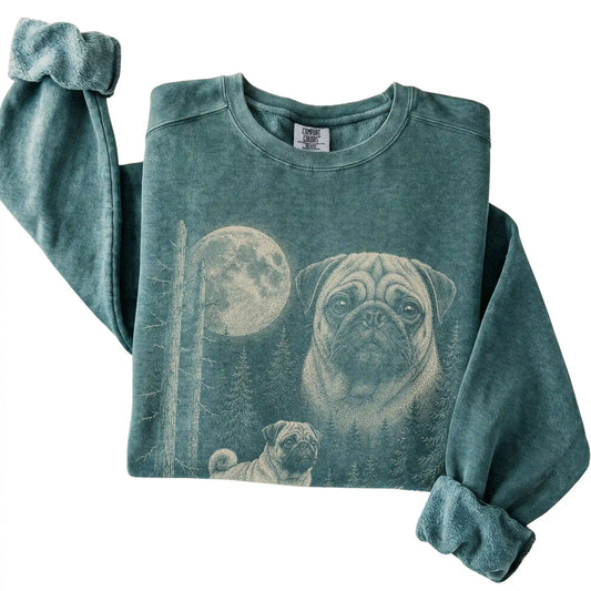 Blue Spruce Pug Moonlit Forest Comfort Colors sweatshirt, folded view