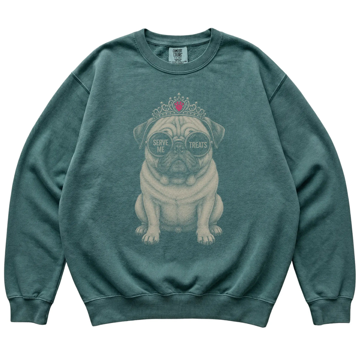 Blue Spruce Comfort Colors sweatshirt featuring Pug Serve Me Treats, laid-flat presentation