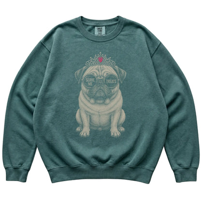 Blue Spruce Comfort Colors sweatshirt featuring Pug Serve Me Treats, laid-flat presentation