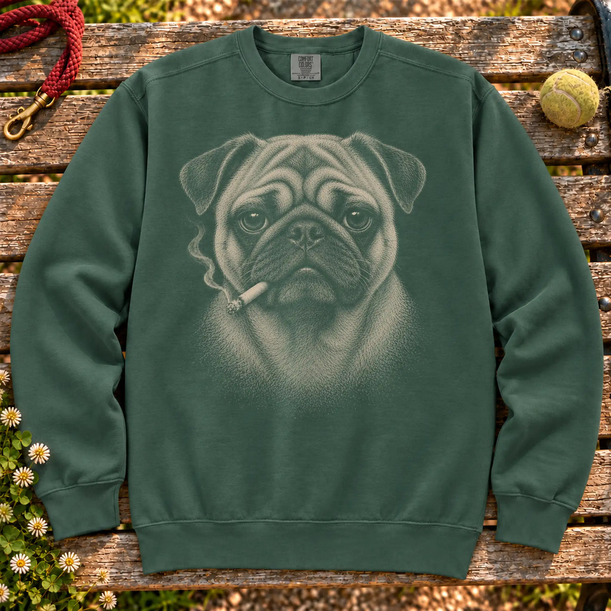 Pug smoking design on a Blue Spruce sweatshirt
