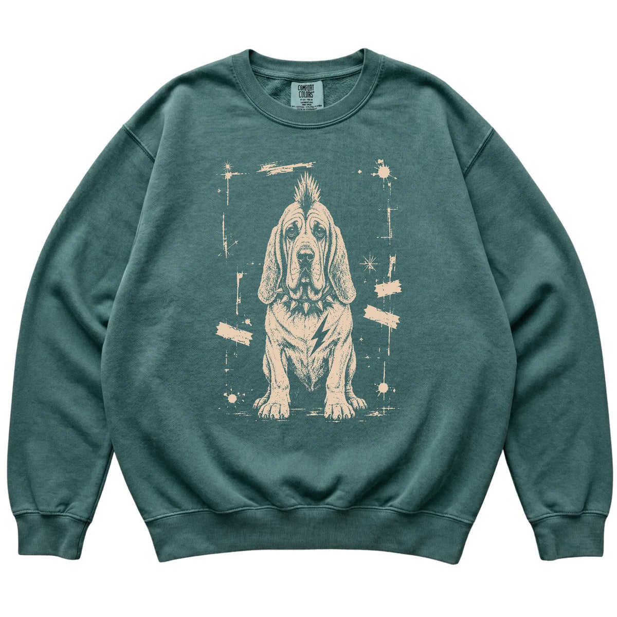 Blue Spruce Punk Rock Bloodhound Comfort Colors sweatshirt, flat view