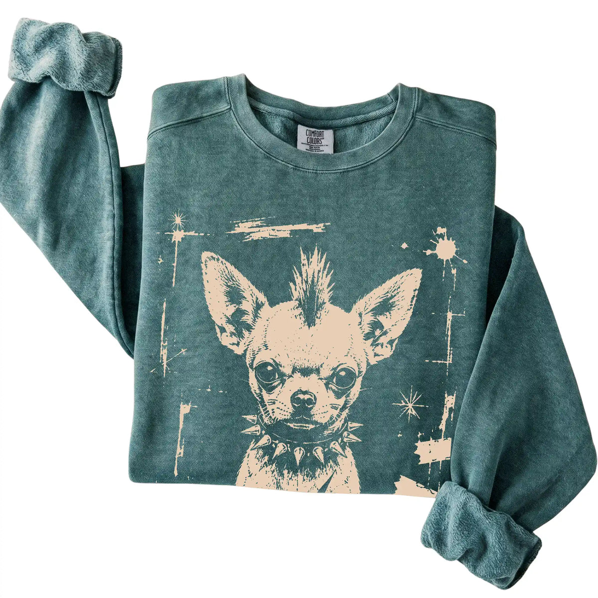 Blue Spruce Punk Rock Chihuahua Comfort Colors sweatshirt, folded view