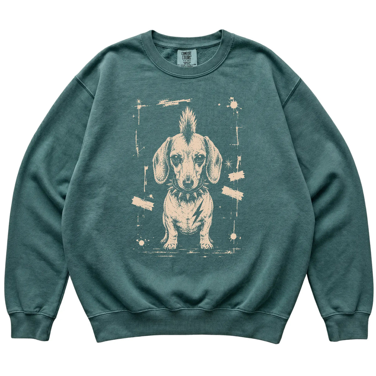 Blue Spruce Punk Rock Dachshund Comfort Colors sweatshirt, flat view
