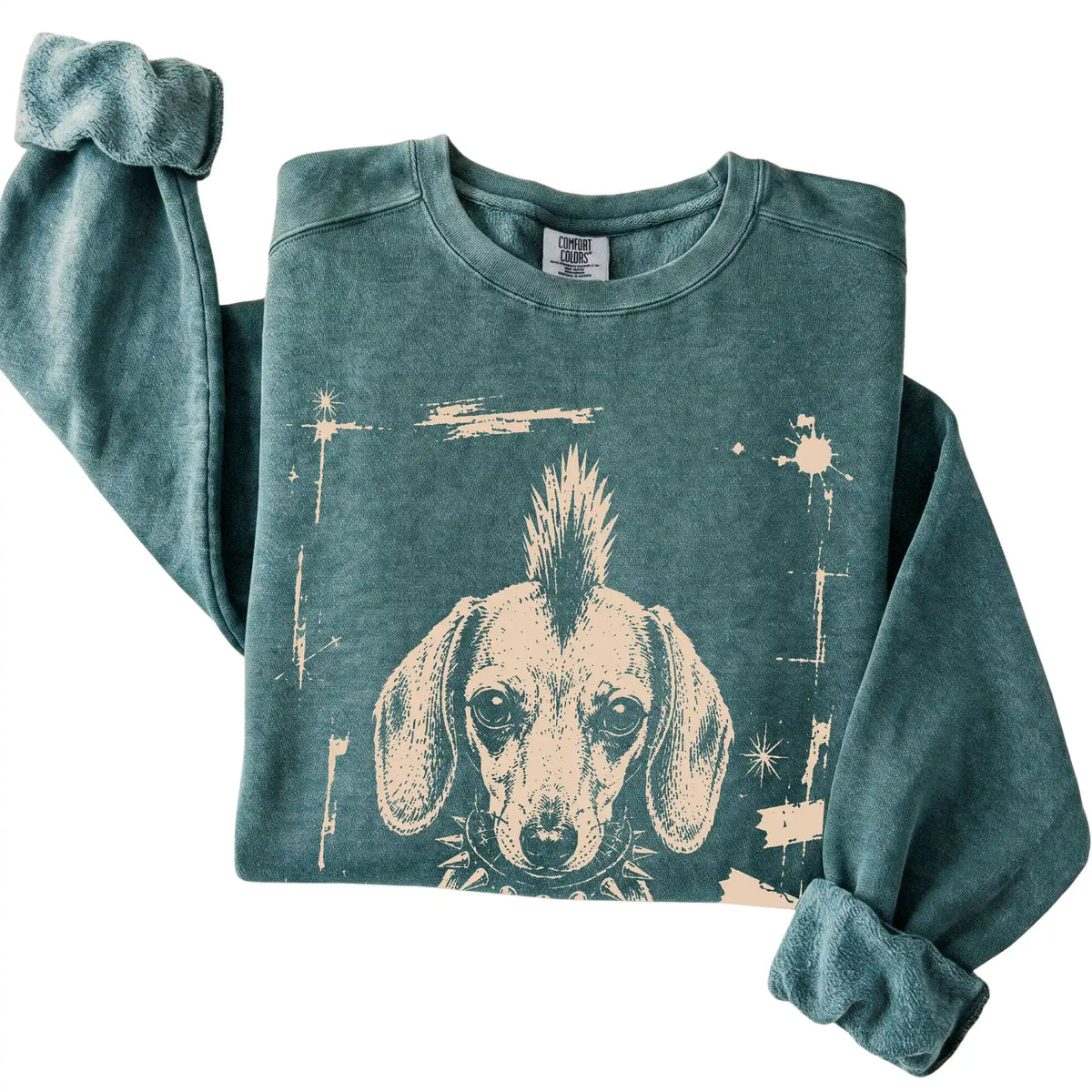Blue Spruce Punk Rock Dachshund Comfort Colors sweatshirt, folded view