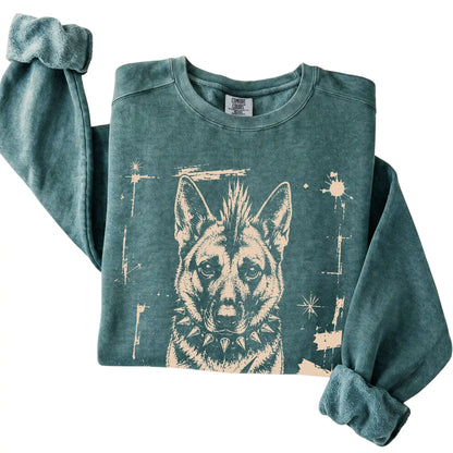 Blue Spruce Punk Rock German Shepherd Comfort Colors sweatshirt, folded view