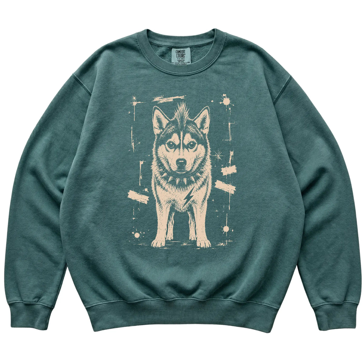Blue Spruce Punk Rock Husky Comfort Colors sweatshirt, flat view