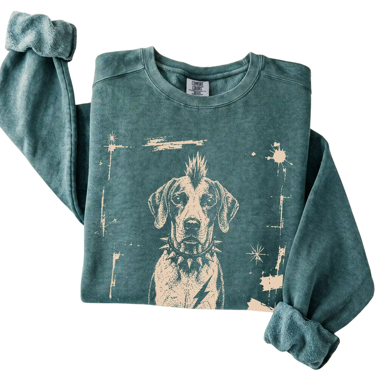 Blue Spruce Punk Rock Pointer Comfort Colors sweatshirt, folded view