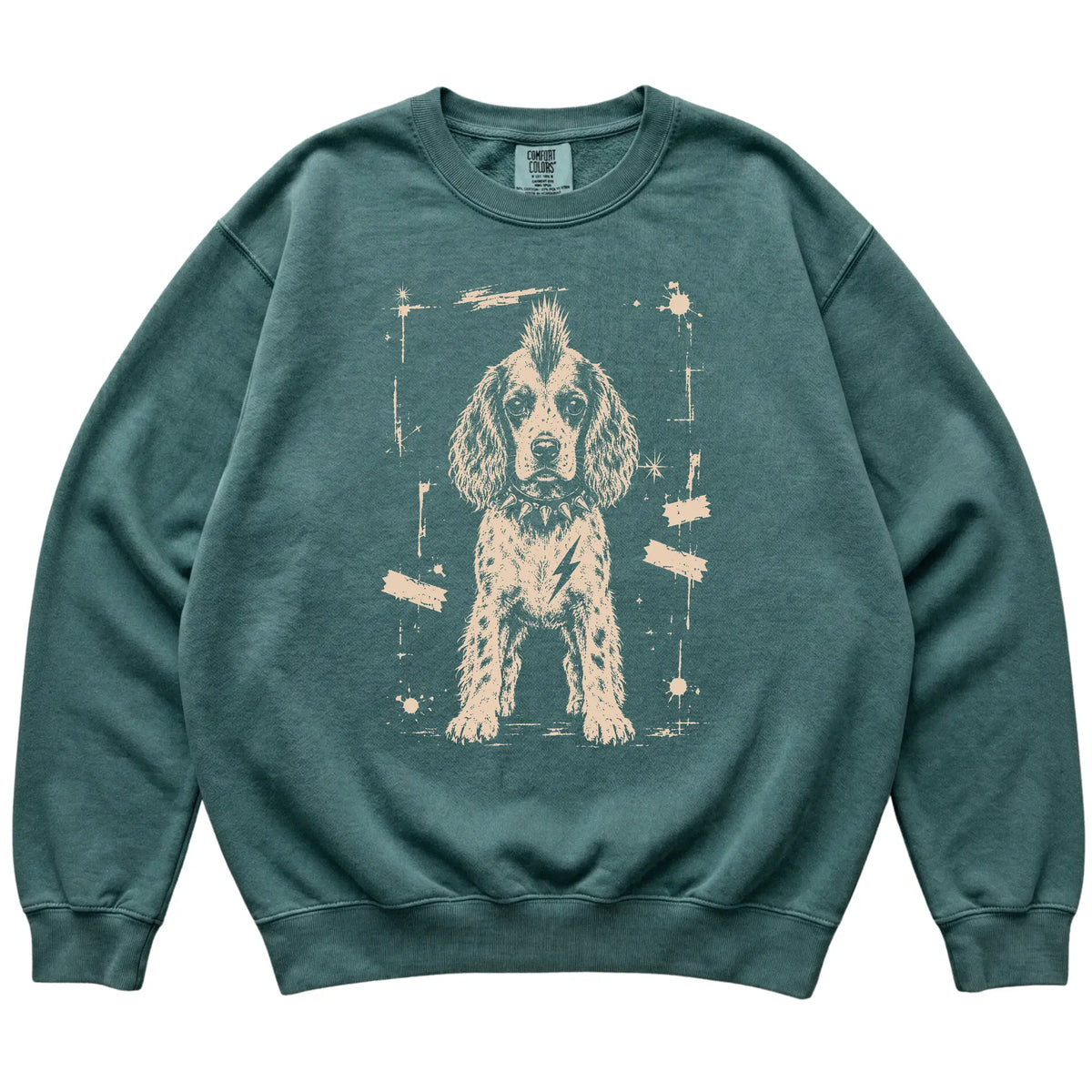 Blue Spruce Punk Rock Springer Spaniel Comfort Colors sweatshirt, flat view
