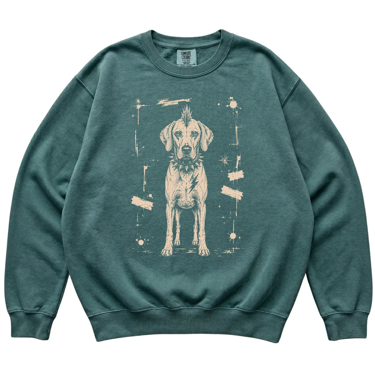 Blue Spruce Punk Rock Vizsla Comfort Colors sweatshirt, flat view
