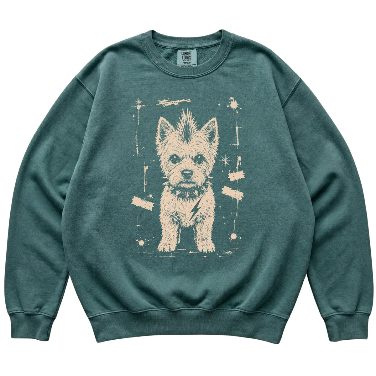 Blue Spruce Punk Rock Westie Comfort Colors sweatshirt, flat view