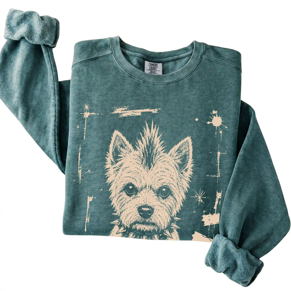 Blue Spruce Punk Rock Westie Comfort Colors sweatshirt, folded view