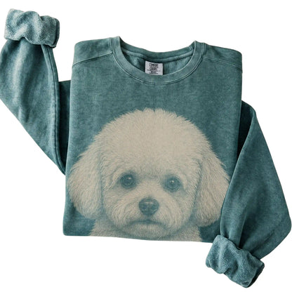 Blue Spruce Realistic Drawing Bichon Frise Comfort Colors sweatshirt, folded view