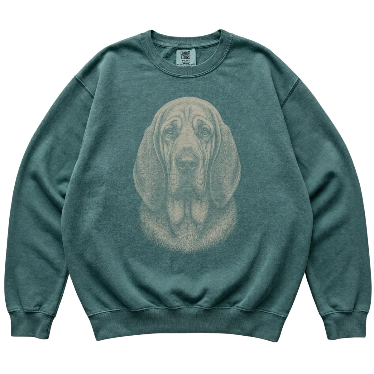 Blue Spruce Realistic Drawing Bloodhound Comfort Colors sweatshirt, flat view