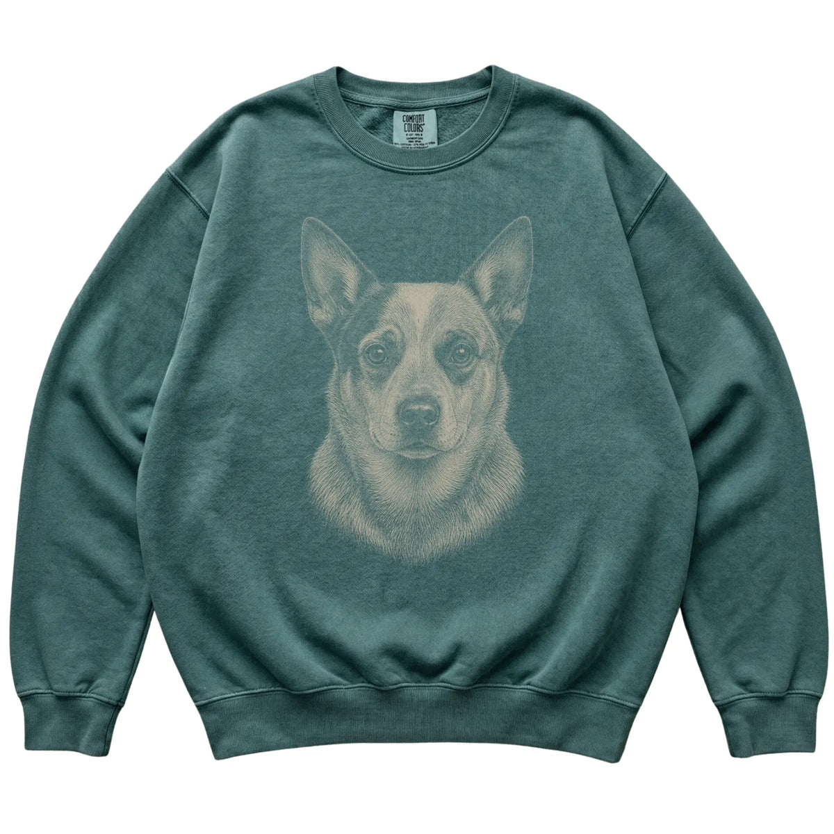 Blue Spruce Realistic Drawing Blue Heeler Comfort Colors sweatshirt, flat view