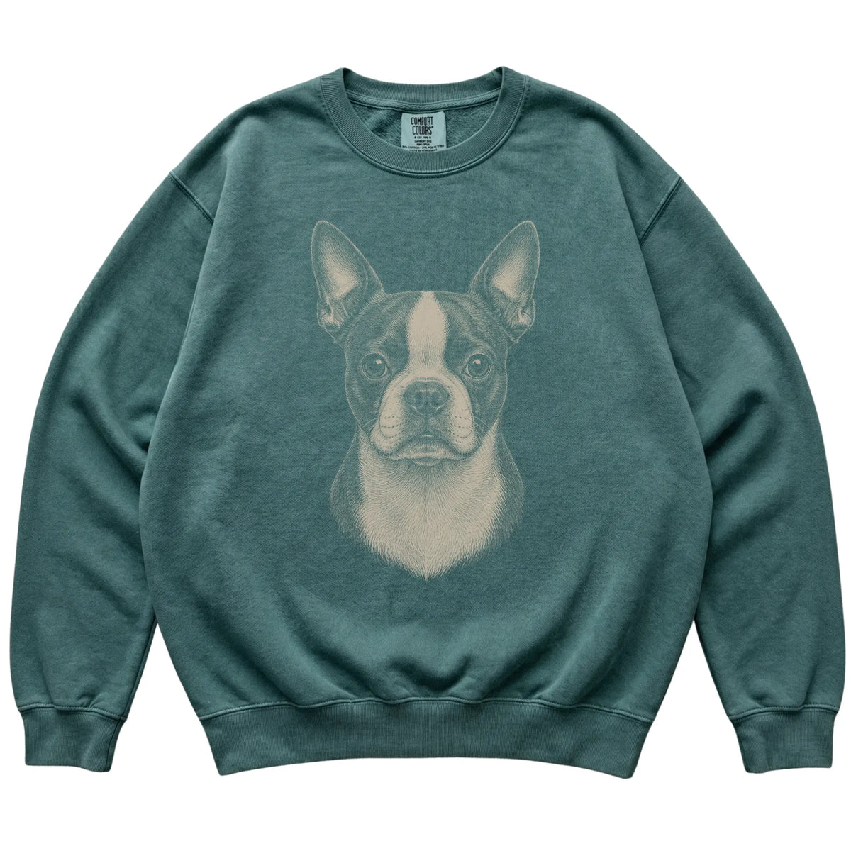 Blue Spruce Realistic Drawing Boston Terrier Comfort Colors sweatshirt, flat view
