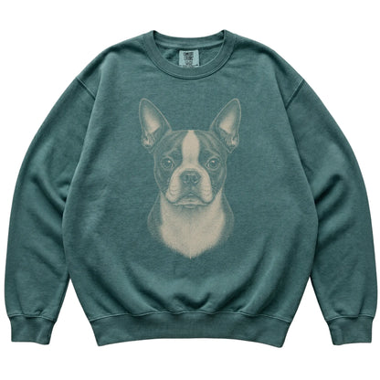 Blue Spruce Realistic Drawing Boston Terrier Comfort Colors sweatshirt, flat view