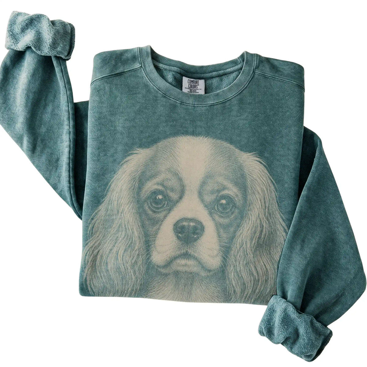 Blue Spruce Realistic Drawing Cavalier King Charles Spaniel Comfort Colors sweatshirt, folded view