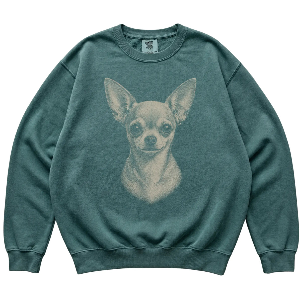 Blue Spruce Realistic Drawing Chihuahua Comfort Colors sweatshirt, flat view