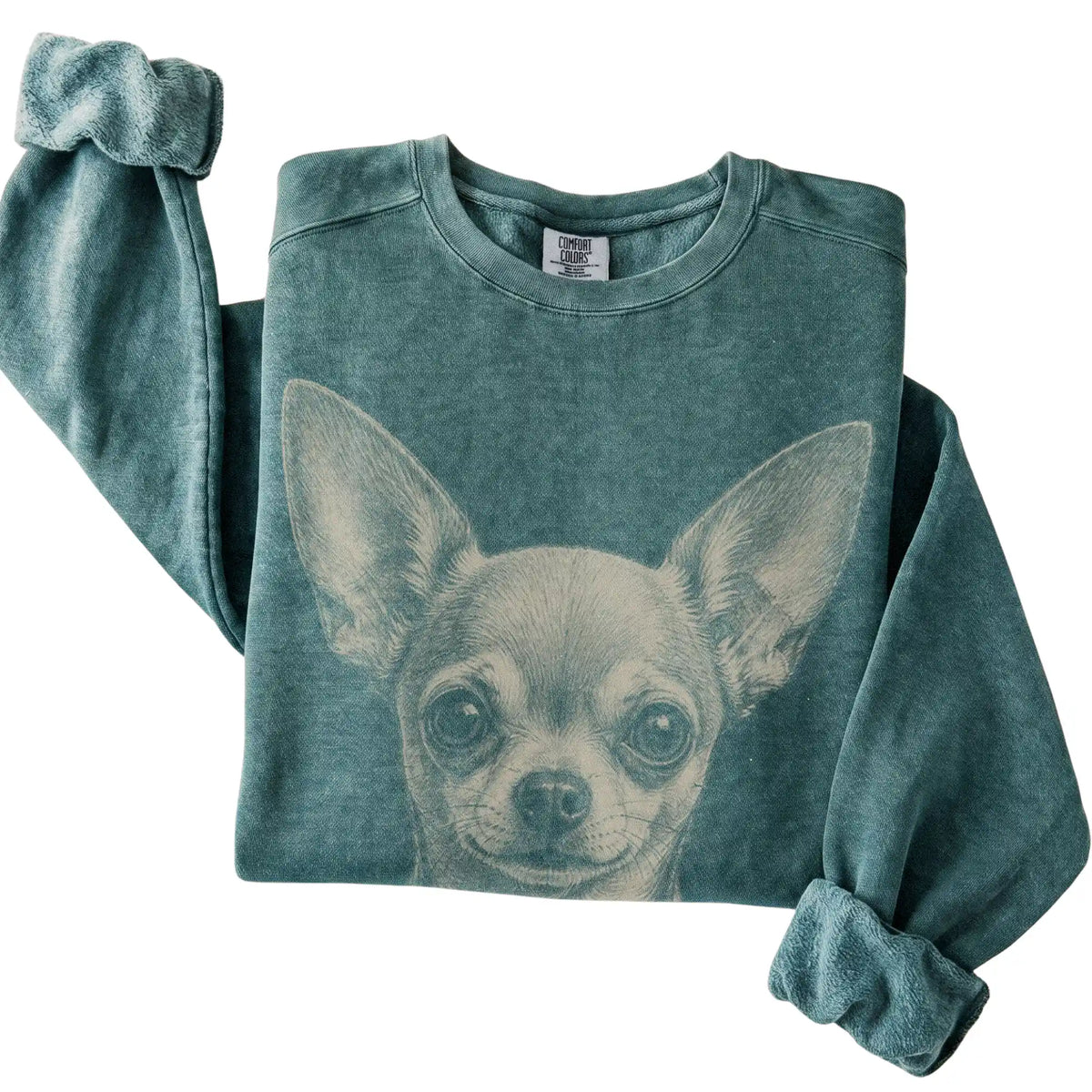 Blue Spruce Realistic Drawing Chihuahua Comfort Colors sweatshirt, folded view