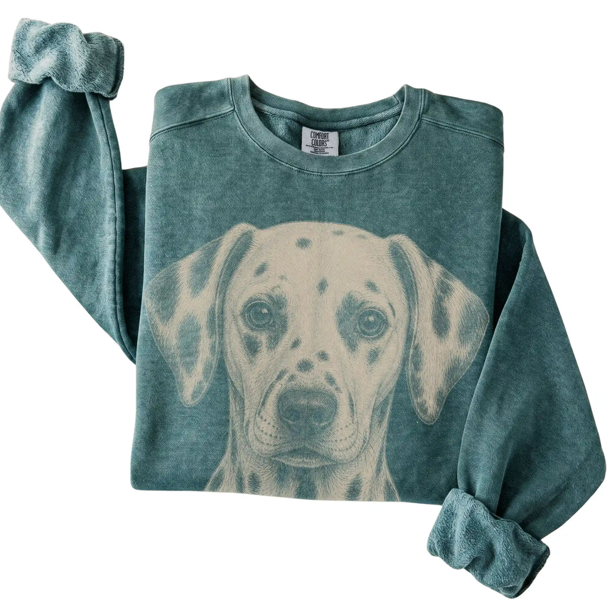 Blue Spruce Realistic Drawing Dalmatian Comfort Colors sweatshirt, folded view