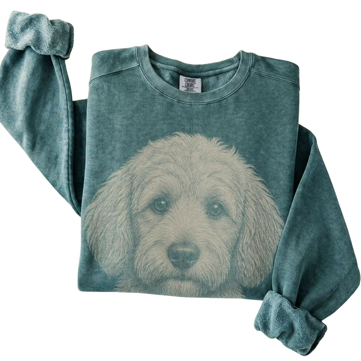 Blue Spruce Realistic Drawing Goldendoodle Comfort Colors sweatshirt, folded view