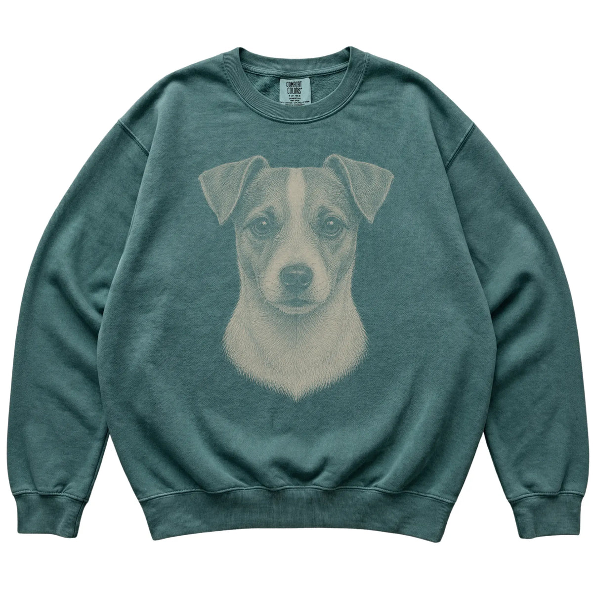 Blue Spruce Realistic Drawing Jack Russell Comfort Colors sweatshirt, flat view
