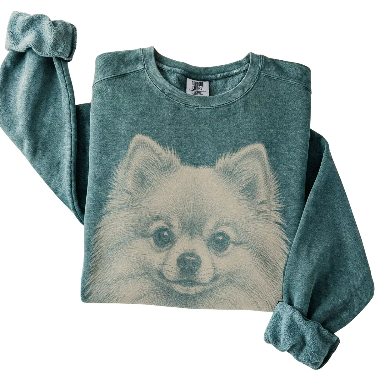 Blue Spruce Realistic Drawing Pomeranian Comfort Colors sweatshirt, folded view