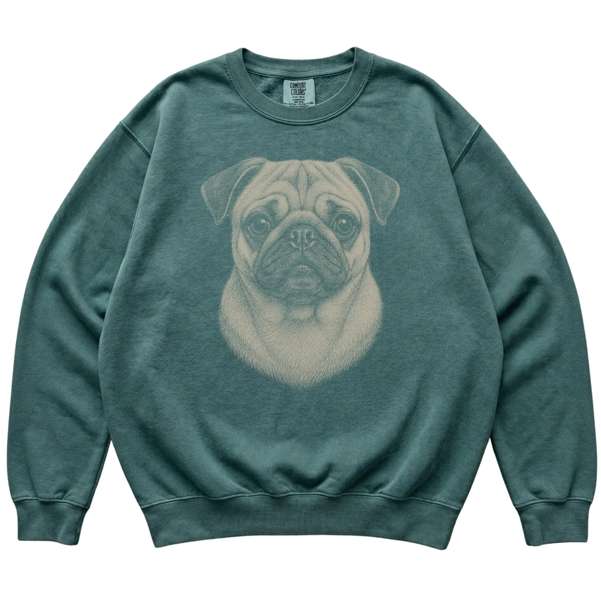 Blue Spruce Realistic Drawing Pug Comfort Colors sweatshirt, flat view