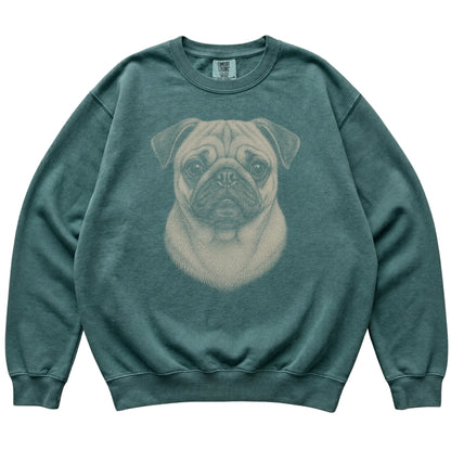 Blue Spruce Realistic Drawing Pug Comfort Colors sweatshirt, flat view