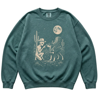 Blue Spruce Comfort Colors® sweatshirt featuring Rottweiler Cowboy and Alien, laid-flat presentation