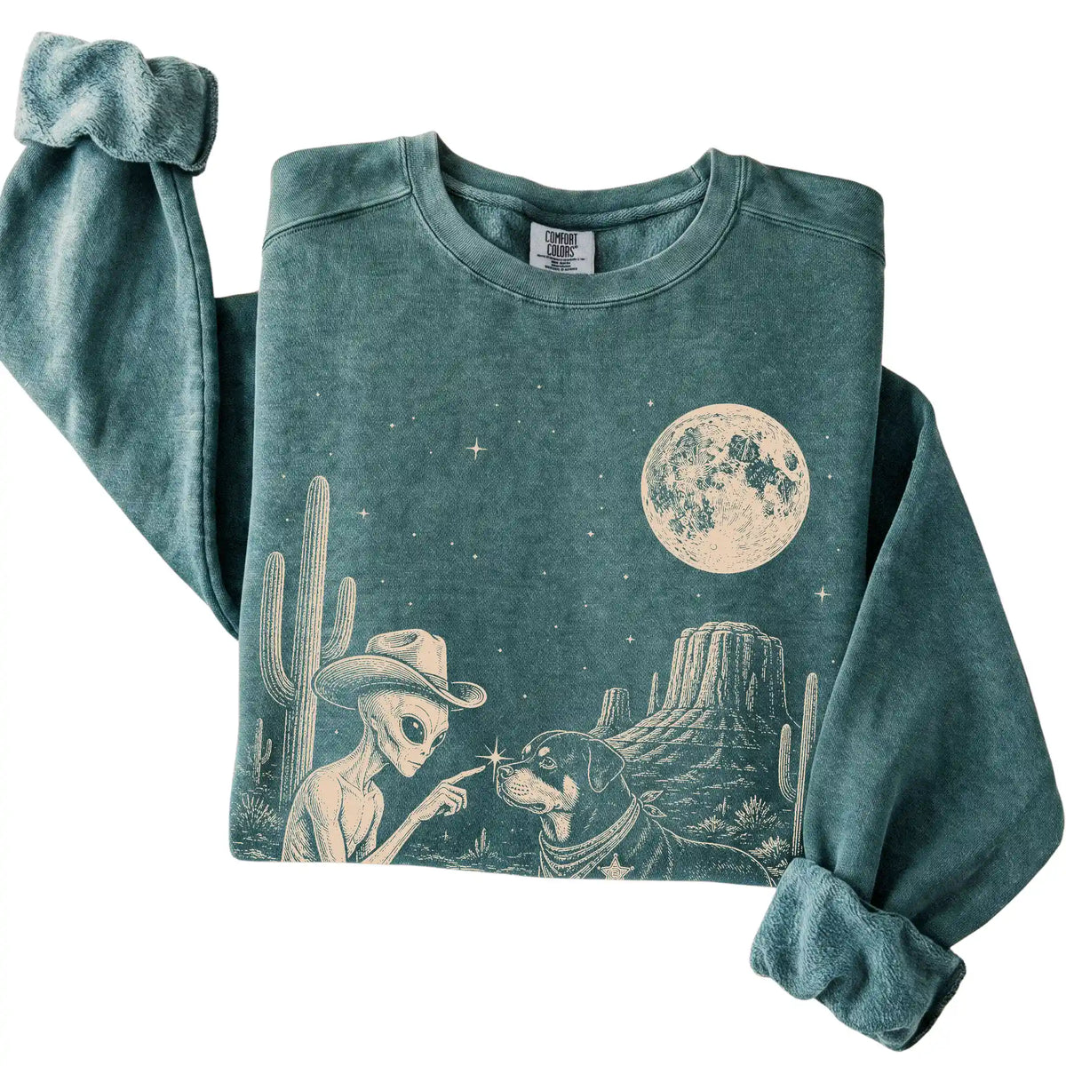 Blue Spruce Comfort Colors® sweatshirt featuring Rottweiler Cowboy and Alien, folded presentation