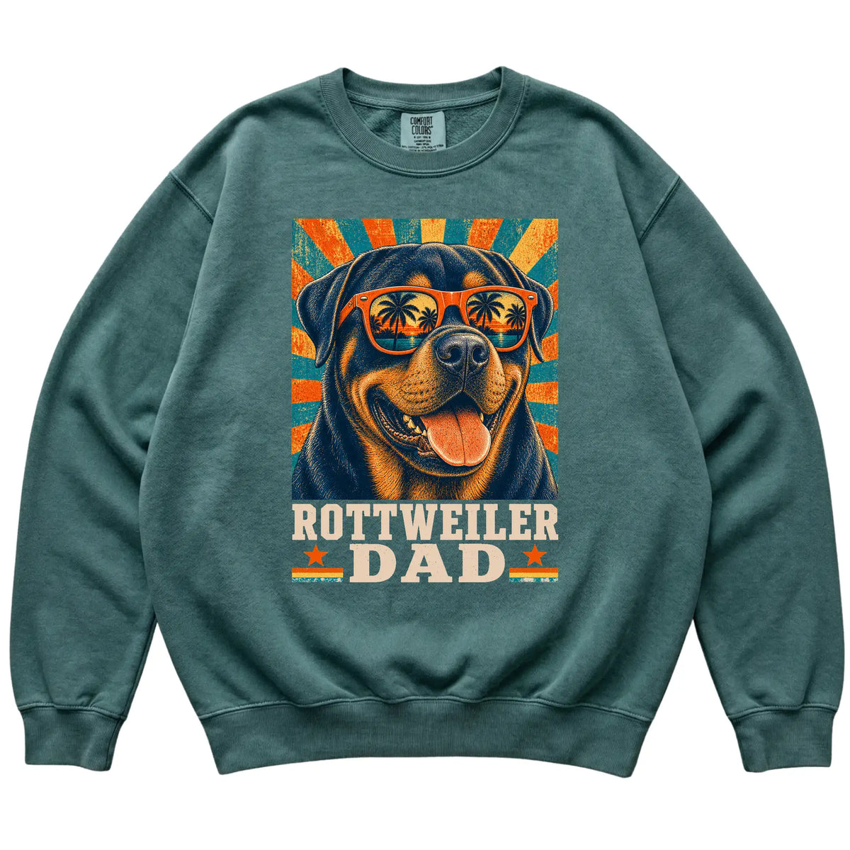 Retro Rottweiler Dad design on a Blue Spruce Comfort Colors sweatshirt