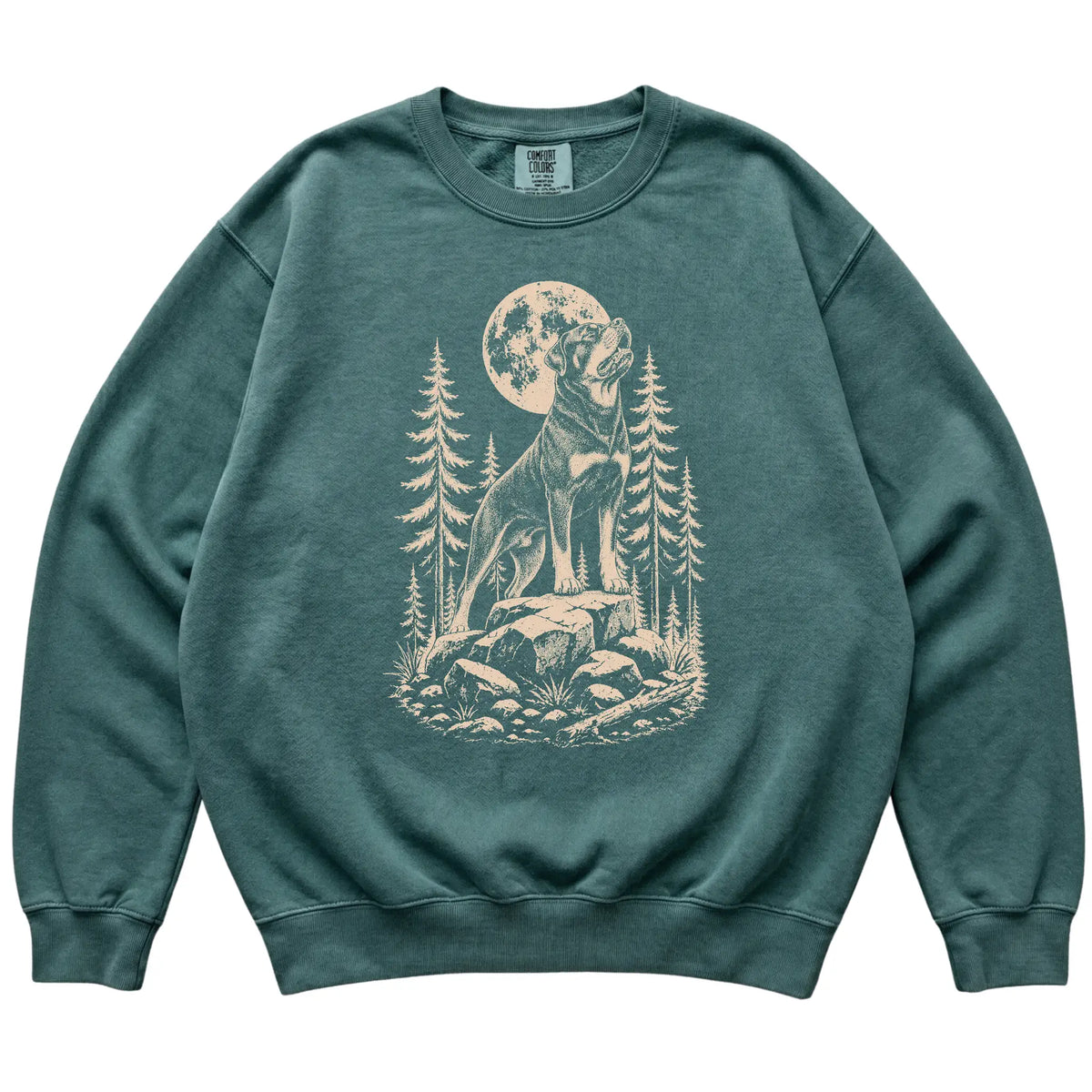 Close view of Rottweiler Howling at the Moon artwork on Blue Spruce Comfort Colors sweatshirt
