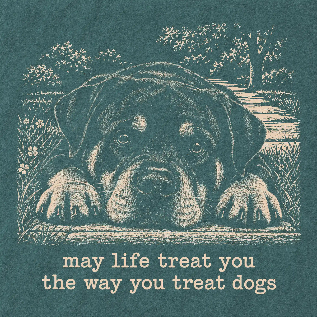 Rottweiler Karma Comfort Colors sweatshirt in Blue Spruce — Design Detail
