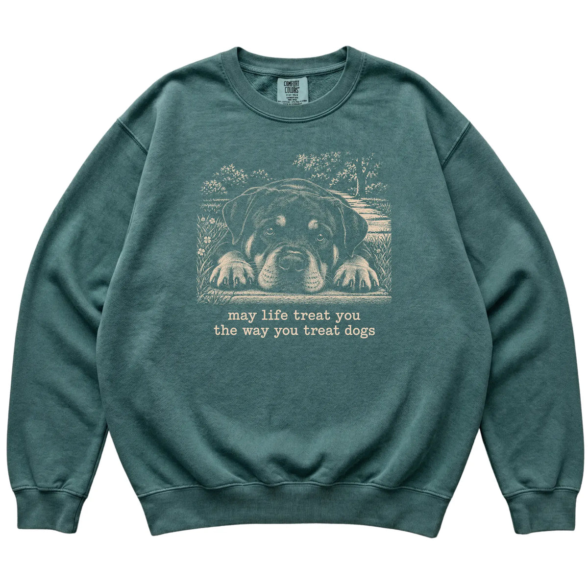 Rottweiler Karma Comfort Colors sweatshirt in Blue Spruce — Flat Lay