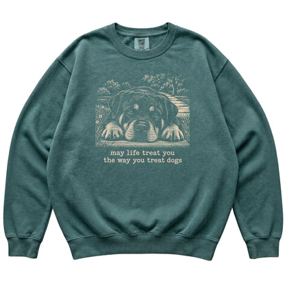 Rottweiler Karma Comfort Colors sweatshirt in Blue Spruce — Flat Lay