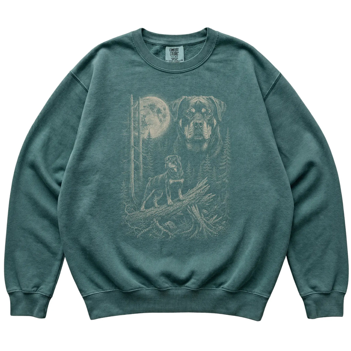 Blue Spruce Rottweiler Moonlit Forest Comfort Colors sweatshirt, flat view