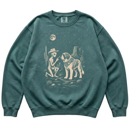 Blue Spruce Comfort Colors® sweatshirt featuring Saint Bernard Cowboy and Alien, laid-flat presentation