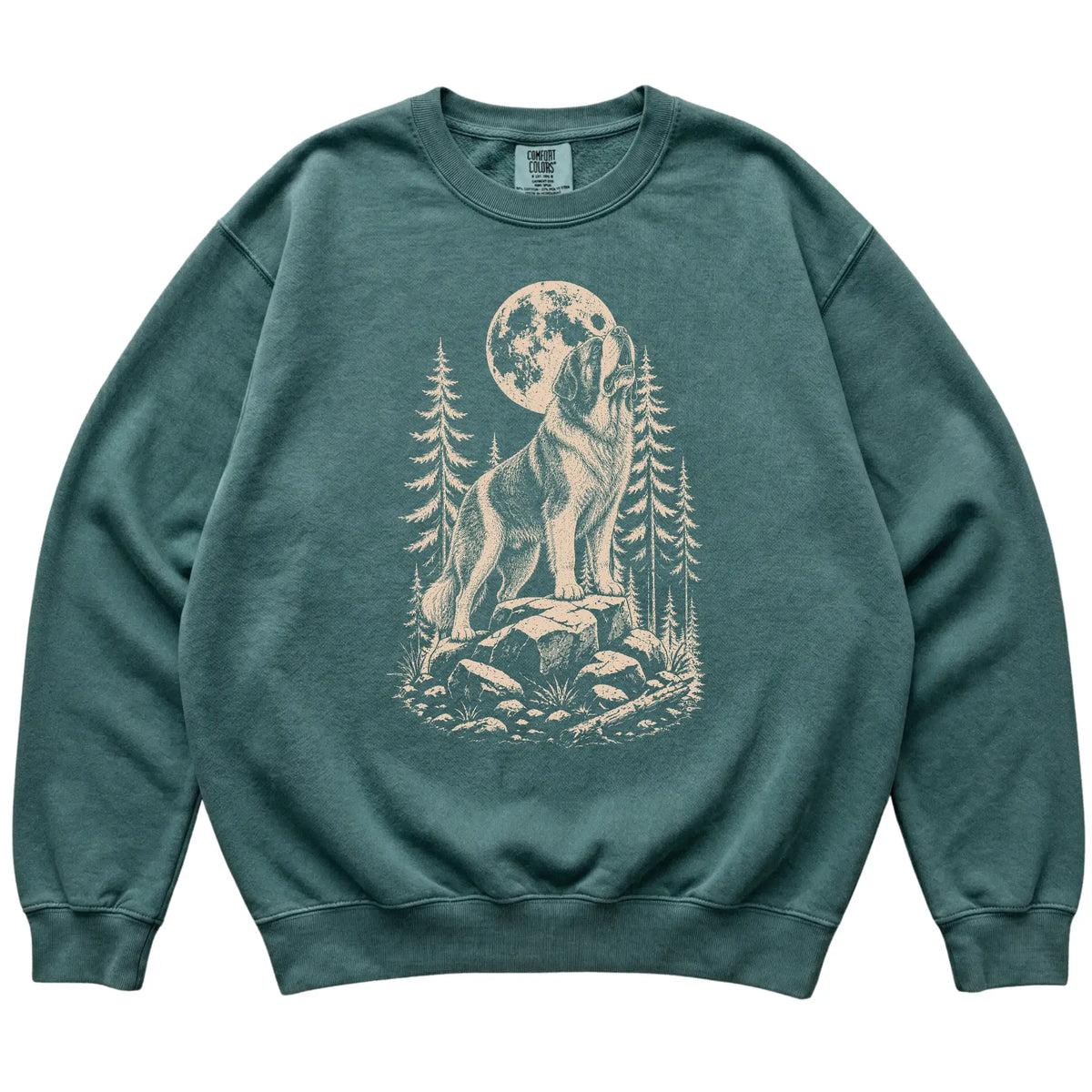 Close view of Saint Bernard Howling at the Moon artwork on Blue Spruce Comfort Colors sweatshirt