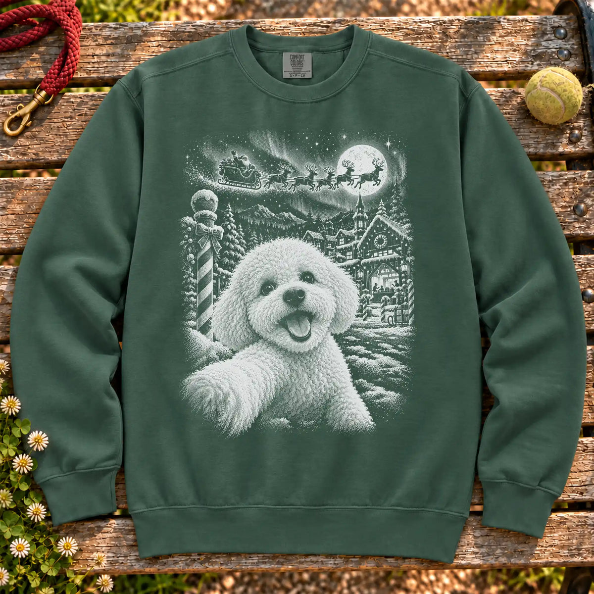 Bichon Frise Santa Selfie design on a Blue Spruce sweatshirt