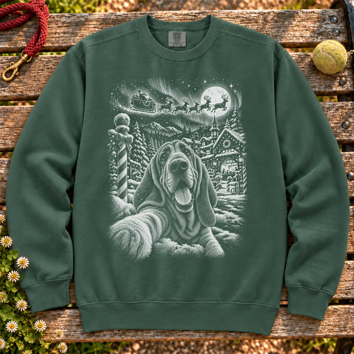 Bloodhound Santa Selfie design on a Blue Spruce sweatshirt