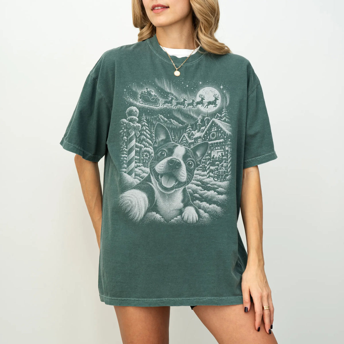 Woman wearing a Blue Spruce Boston Terrier Santa Selfie T-shirt