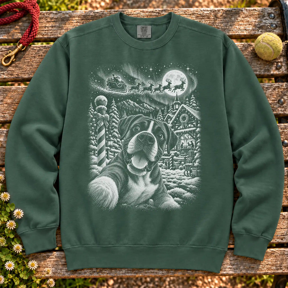 Boxer Santa Selfie design on a Blue Spruce sweatshirt