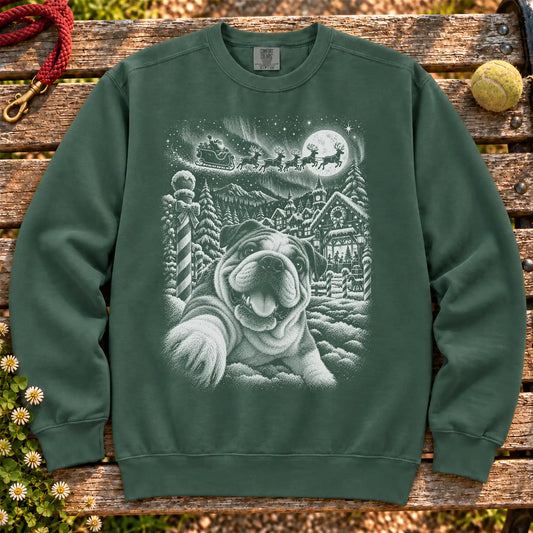 English Bulldog Santa Selfie design on a Blue Spruce sweatshirt