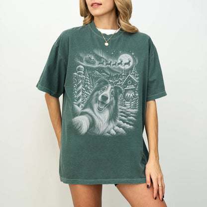 Woman wearing a Blue Spruce Collie Santa Selfie T-shirt